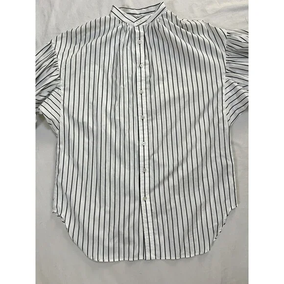 Ralph Lauren Black Label Collarless Tunic Striped Blouse Puffy Sleeves | Size 10 - Picture 6 of 15